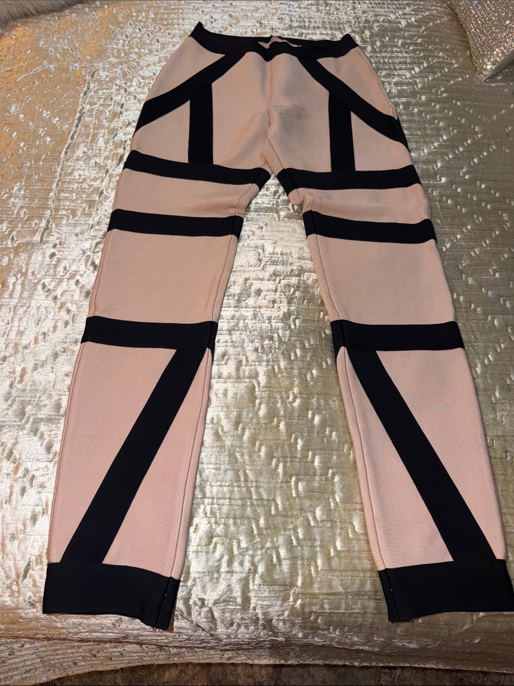 Women’s Beige and Black Geometric Paneled stretch Pants